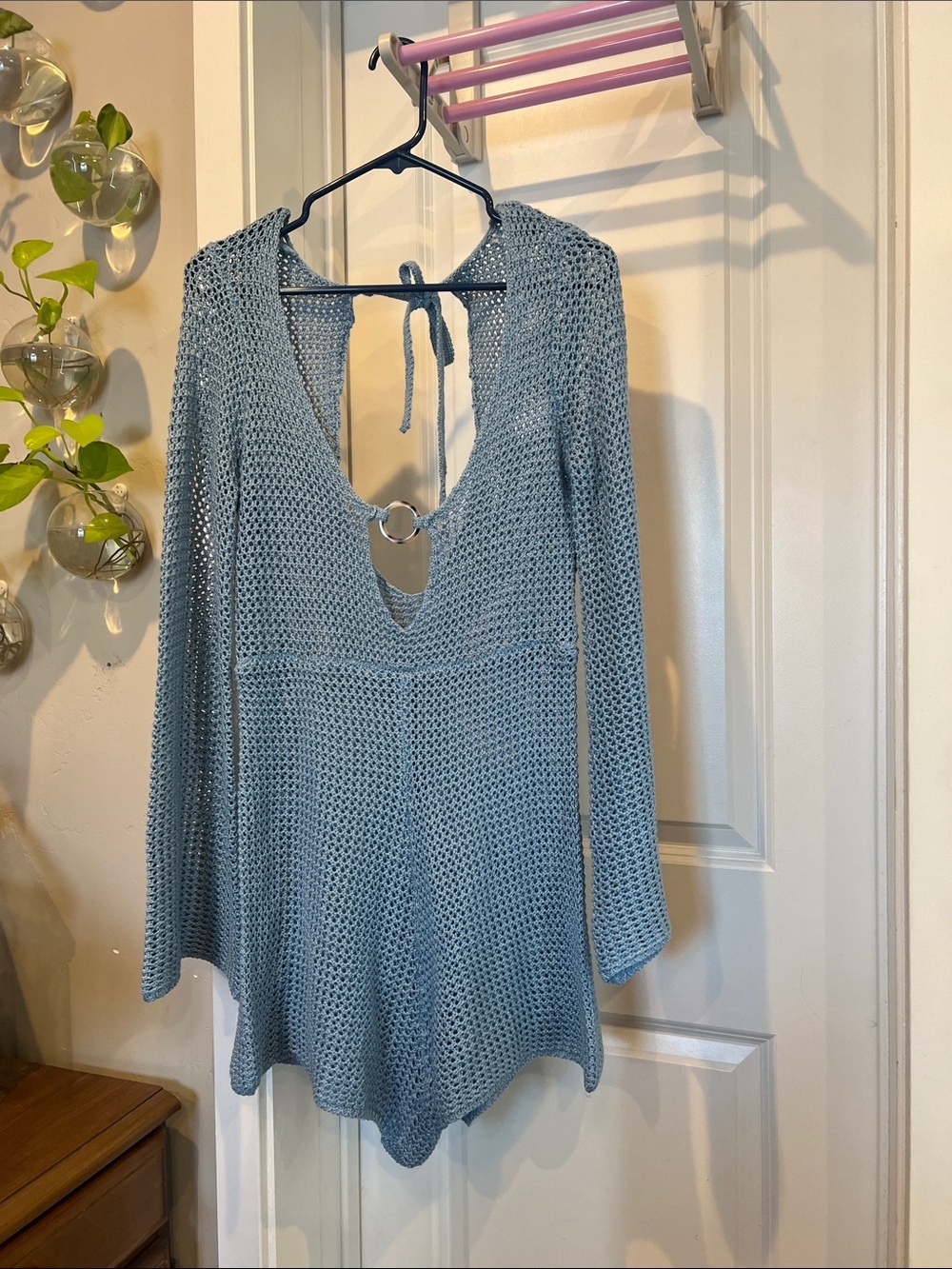 Open-Knit Light Blue Romper with Ring Front